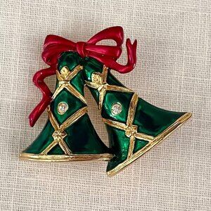 SFJ Vintage Jingle Bells Christmas pin stamped SJF sz 2 inch green gold red